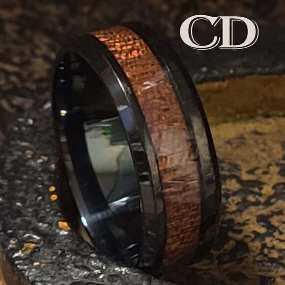 Men's Wedding Band Ring With Koa Wood Inlay - Koa Wood Inlay Wedding Ring - Picture 1 of 8
